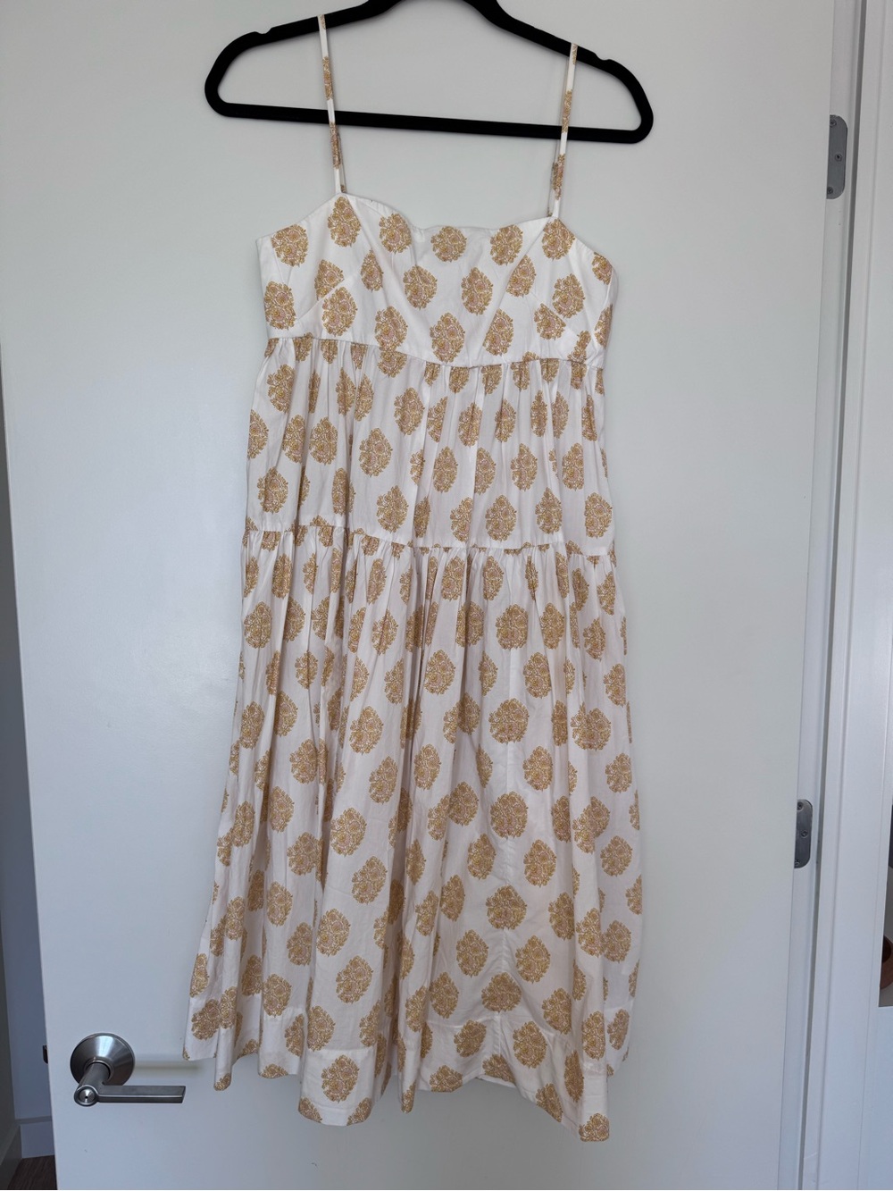 J. Crew White Midi Dress with Gold Medallion Print